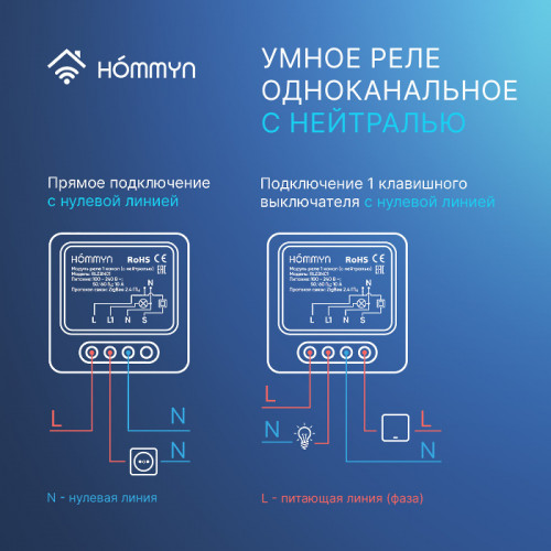 Модуль реле HOMMYN zigbee 1 канал (с нейтралью) RLZBN01